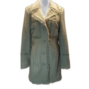 Blanc Noir Wool Blend Coat  Green Plaid Tweed Fringe Lightweight Lined Size M